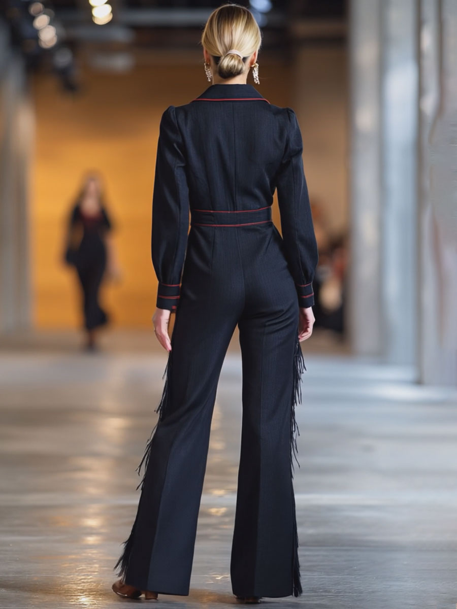 Lene - Overall Western im Retro-Stil aus Jeansstoff gestreift mit Fransen und V-Ausschnitt
