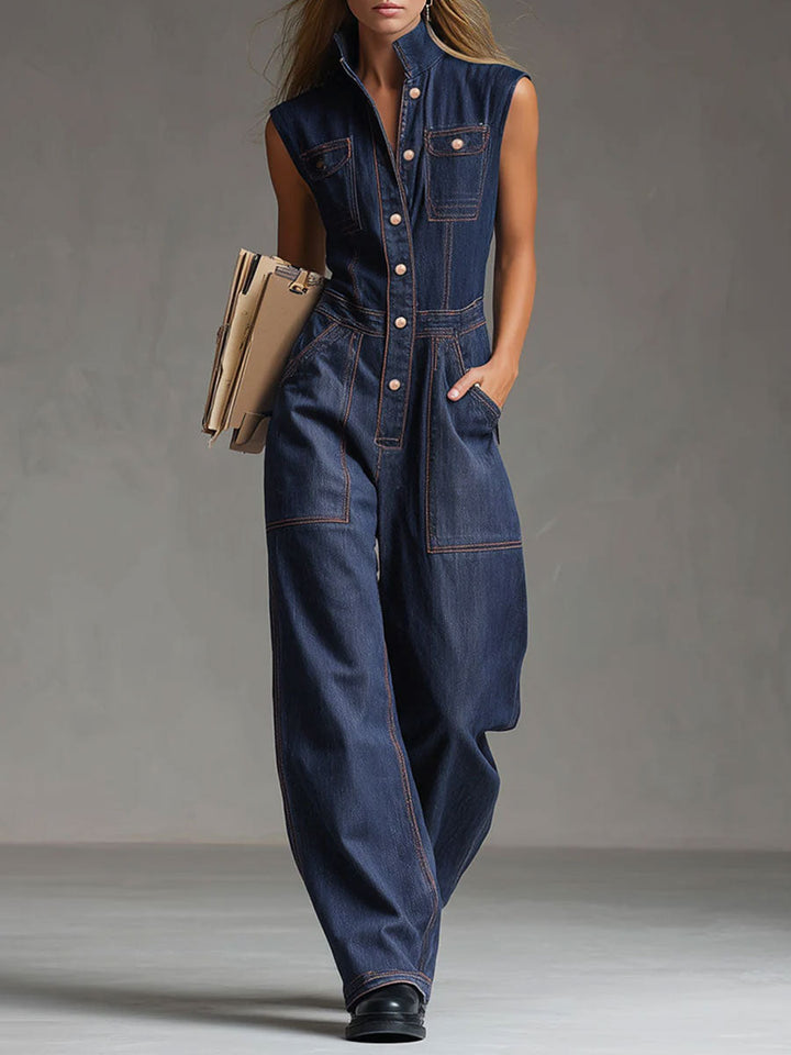 Vroni - Overall lässig Retro aus Jeansstoff mit Kragen und Taschen ärmellos
