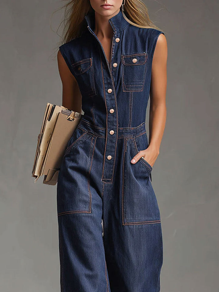 Vroni - Overall lässig Retro aus Jeansstoff mit Kragen und Taschen ärmellos