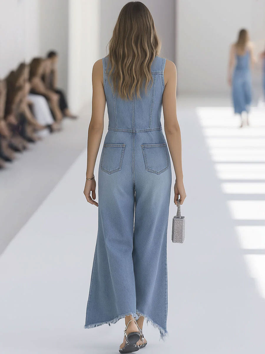 Minna - Overall Western im Retro-Stil aus Jeansstoff mit Reißverschluss und V-Ausschnitt und ärmellosem Schnitt