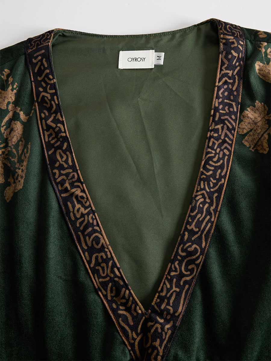 Martina - Maxikleid Retro für den Alltag aus Kunstwildleder Blumenmuster mit Fransen und V-Ausschnitt