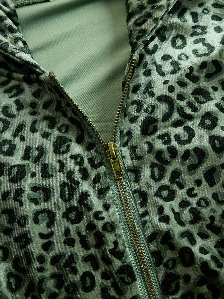 Liya - Overall elegant im Retro-Stil aus Samt Leopardenmuster mit Reißverschluss und Kapuze