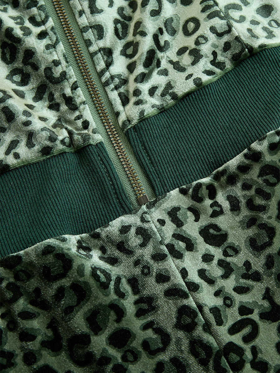 Liya - Overall elegant im Retro-Stil aus Samt Leopardenmuster mit Reißverschluss und Kapuze