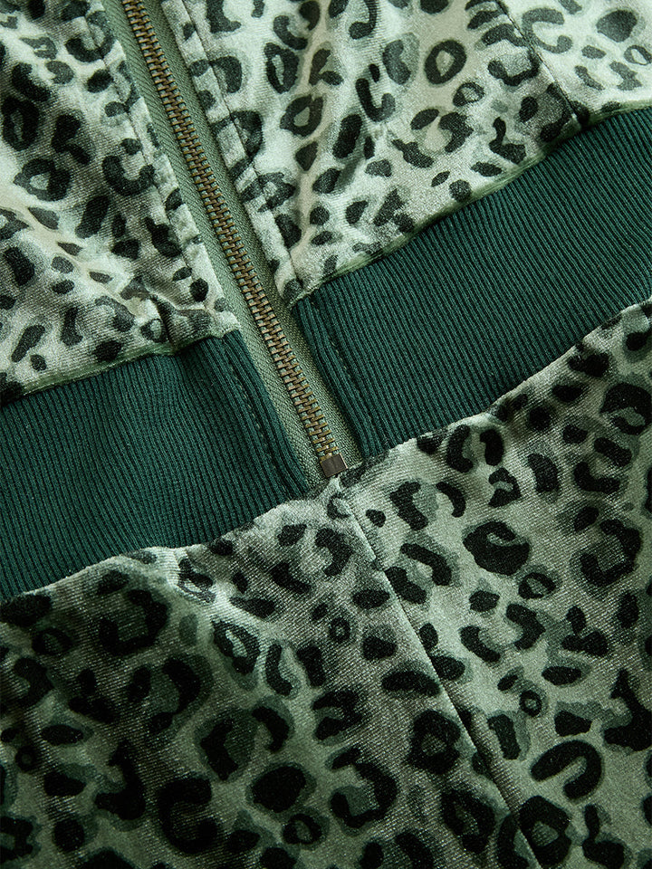 Liya - Overall elegant im Retro-Stil aus Samt Leopardenmuster mit Reißverschluss und Kapuze