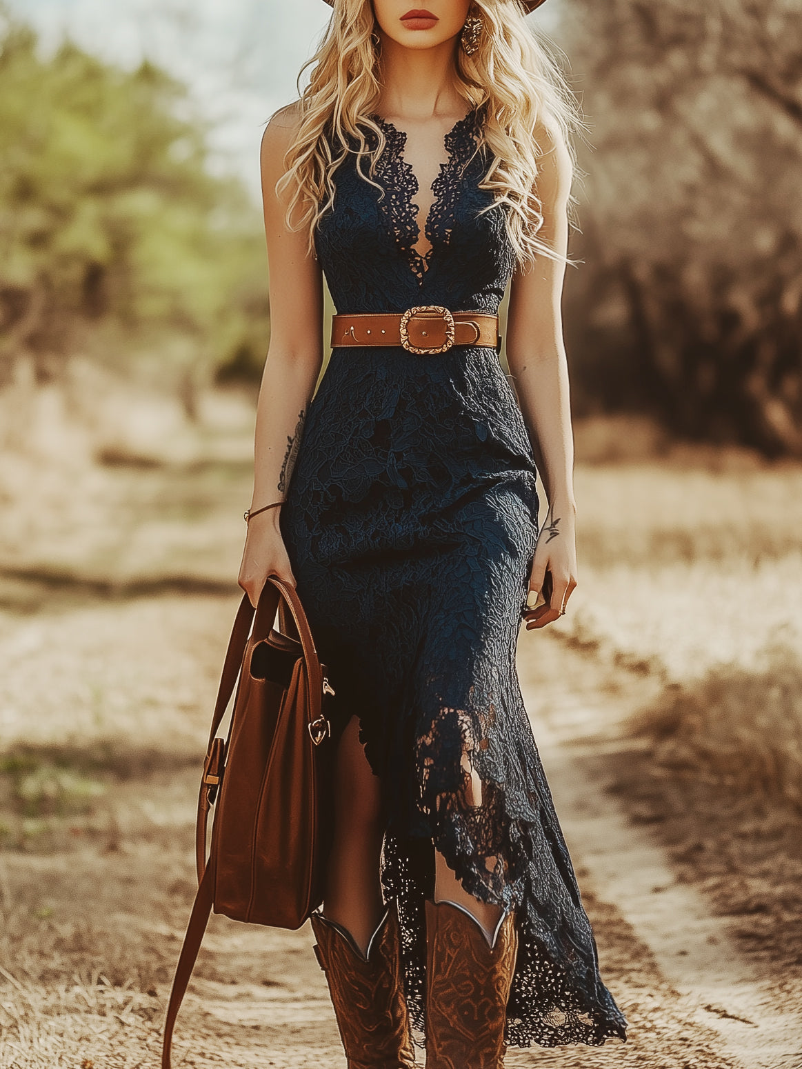 Liselotte - Midikleid Western im Retro-Stil aus Spitze mit V-Ausschnitt und Einsätze aus Spitze ärmellos