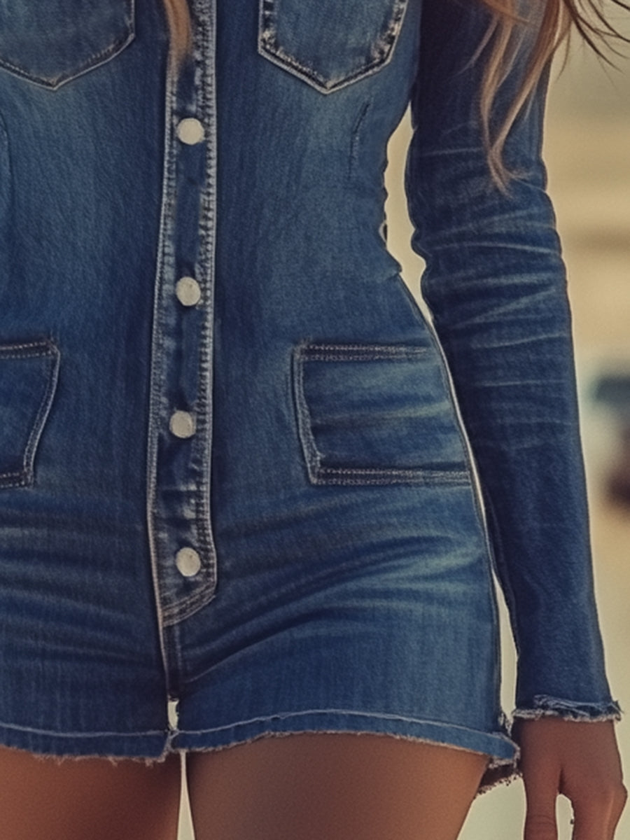 Gudrun - Overall lässig Retro aus Jeansstoff mit V-Ausschnitt und Knöpfen