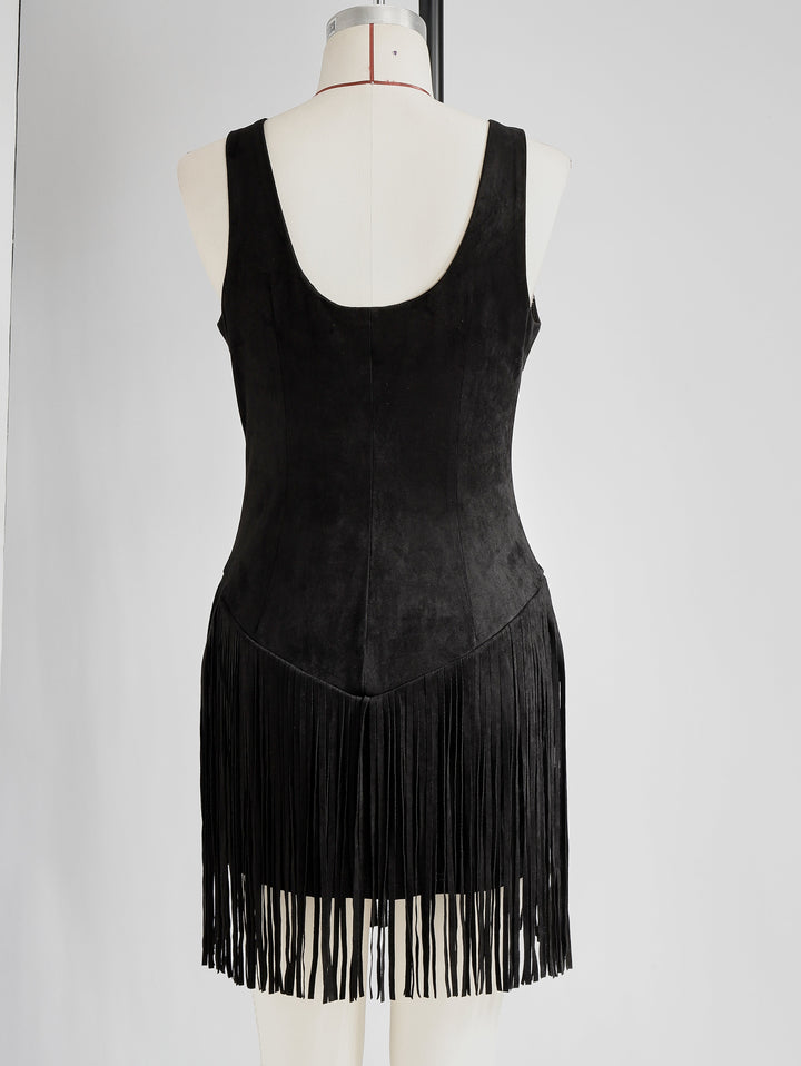 Lotta - Minikleid Western im Retro-Stil aus Kunstwildleder mit Fransen und V-Ausschnitt und ärmellosem Schnitt
