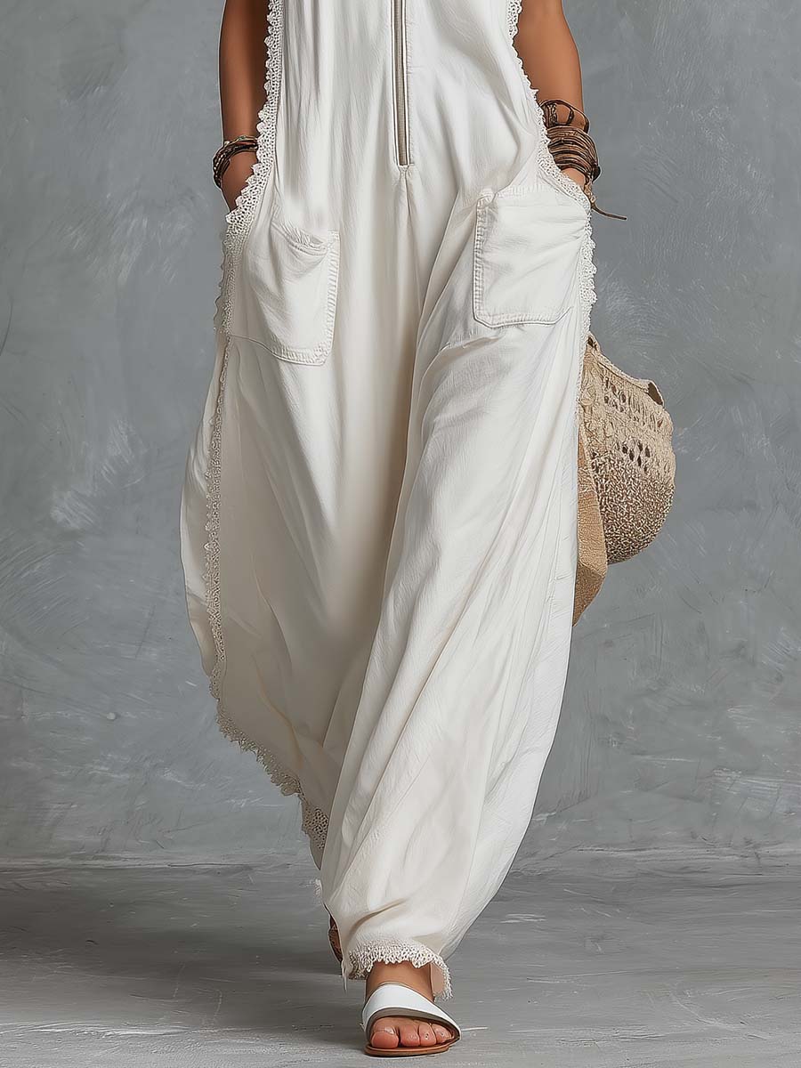 Luise - Overall lässig Retro aus Spitze mit Reißverschluss und V-Ausschnitt und ärmellosem Schnitt