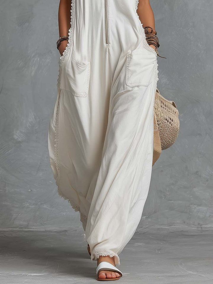 Luise - Overall lässig Retro aus Spitze mit Reißverschluss und V-Ausschnitt und ärmellosem Schnitt