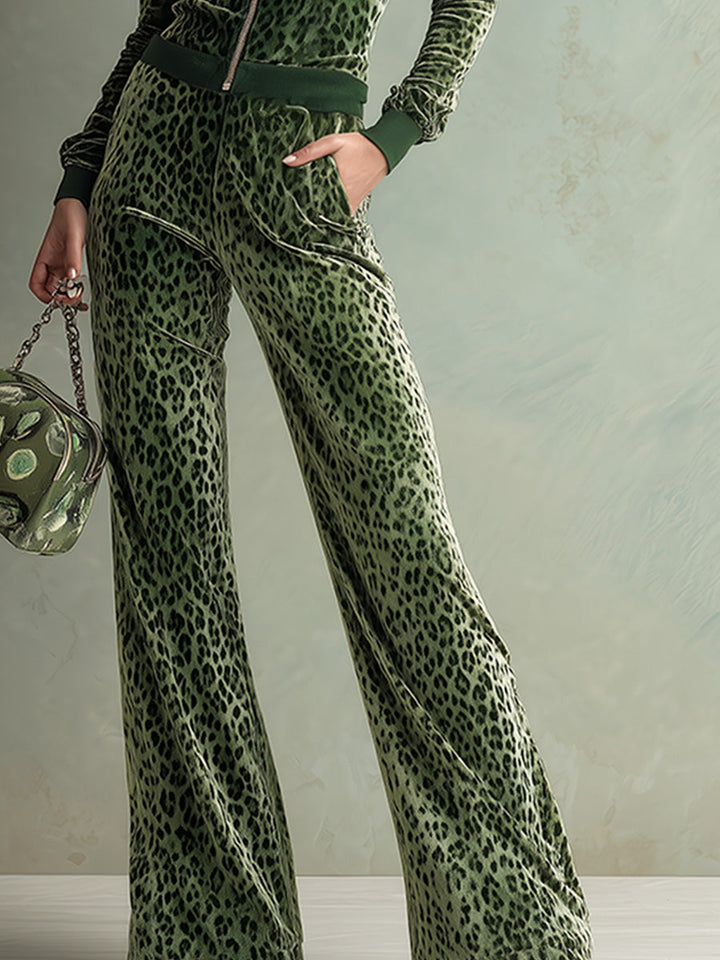 Liya - Overall elegant im Retro-Stil aus Samt Leopardenmuster mit Reißverschluss und Kapuze