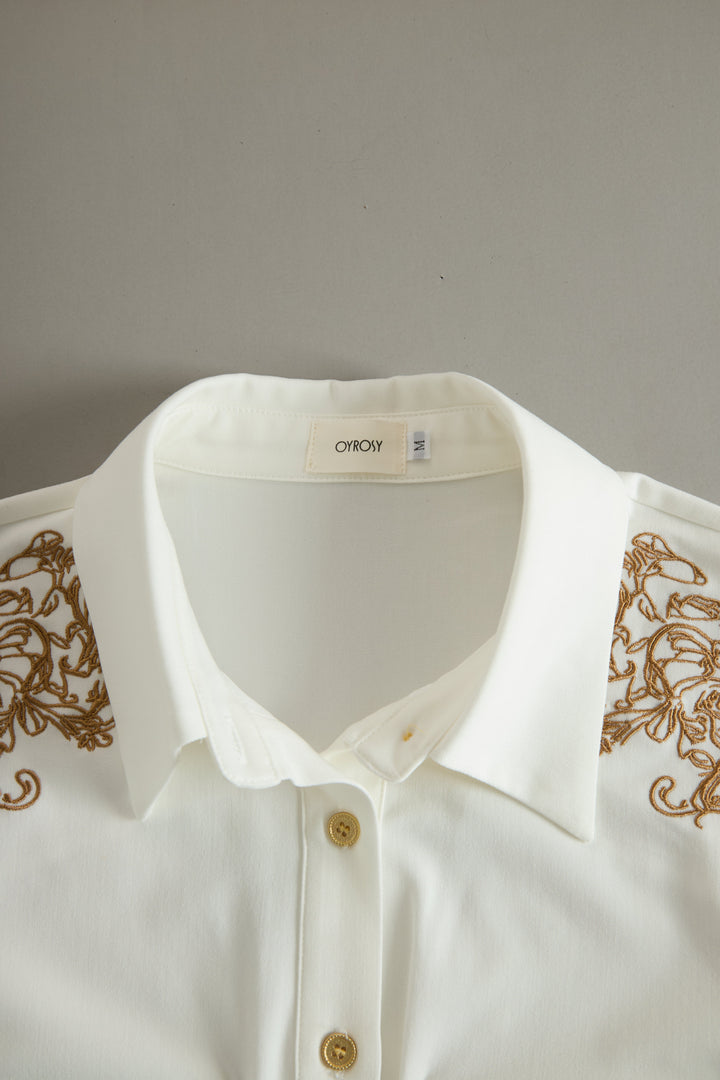 Mareike - Bluse Western im Retro-Stil aus Jeansstoff mit Kragen bestickt