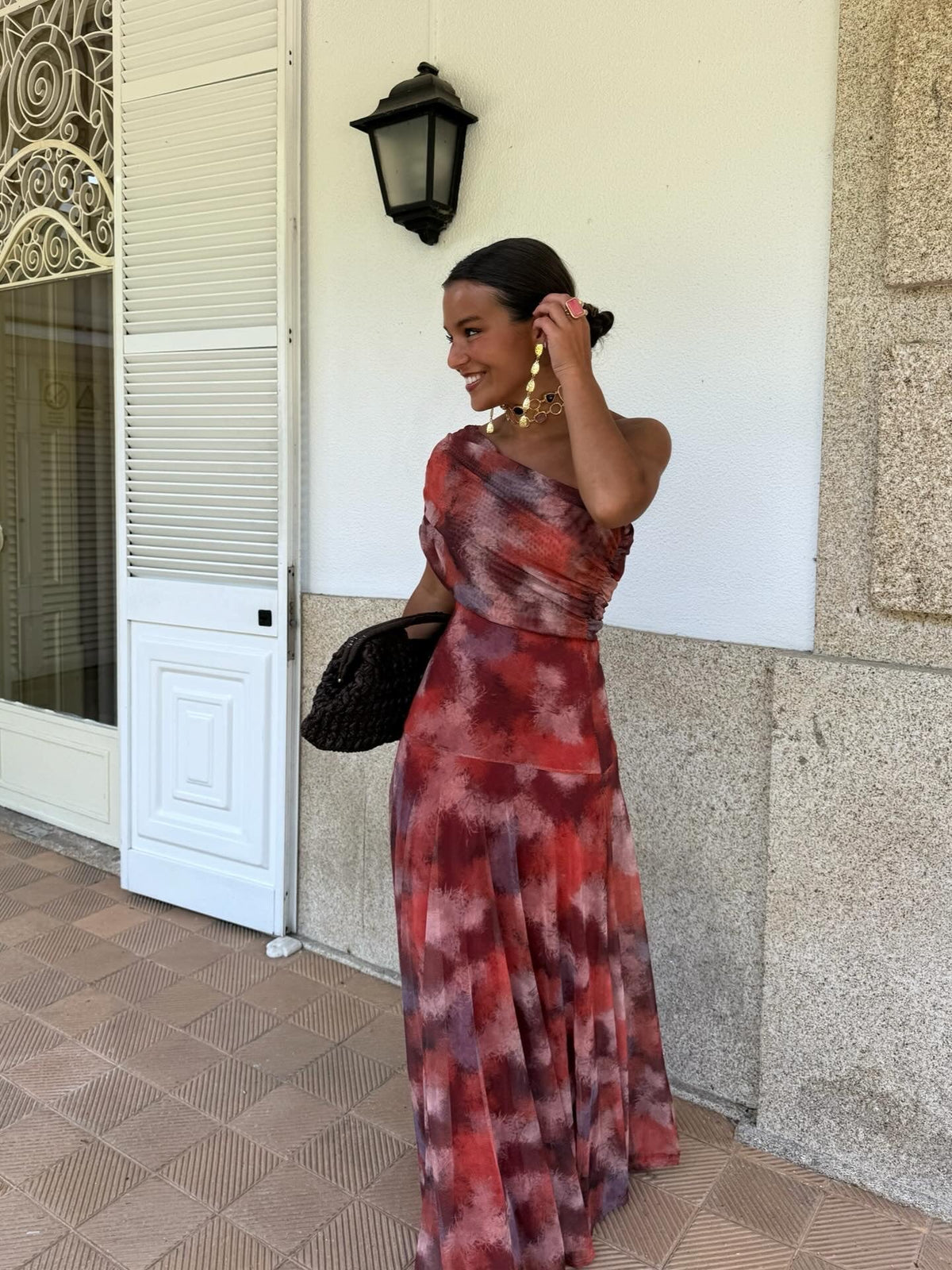 Frieda - Maxikleid mit Aquarellmuster und schulterfreiem Schnitt