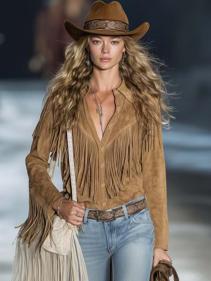 Solveig - Bluse lässig Retro aus Kunstwildleder mit Fransen und V-Ausschnitt