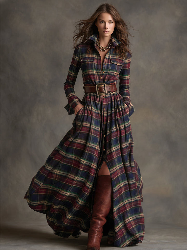 Anke - Maxikleid Western im Retro-Stil aus Leinen kariert mit Kragen