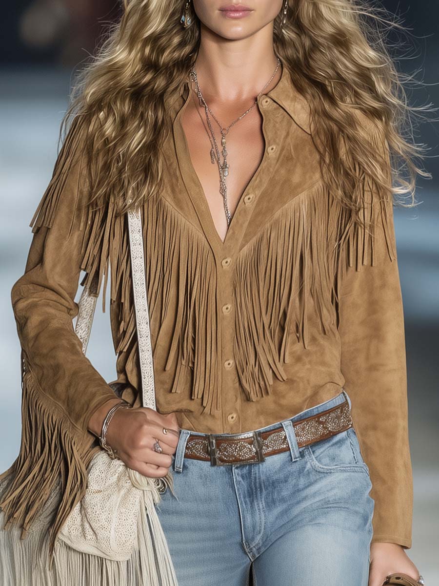 Solveig - Bluse lässig Retro aus Kunstwildleder mit Fransen und V-Ausschnitt
