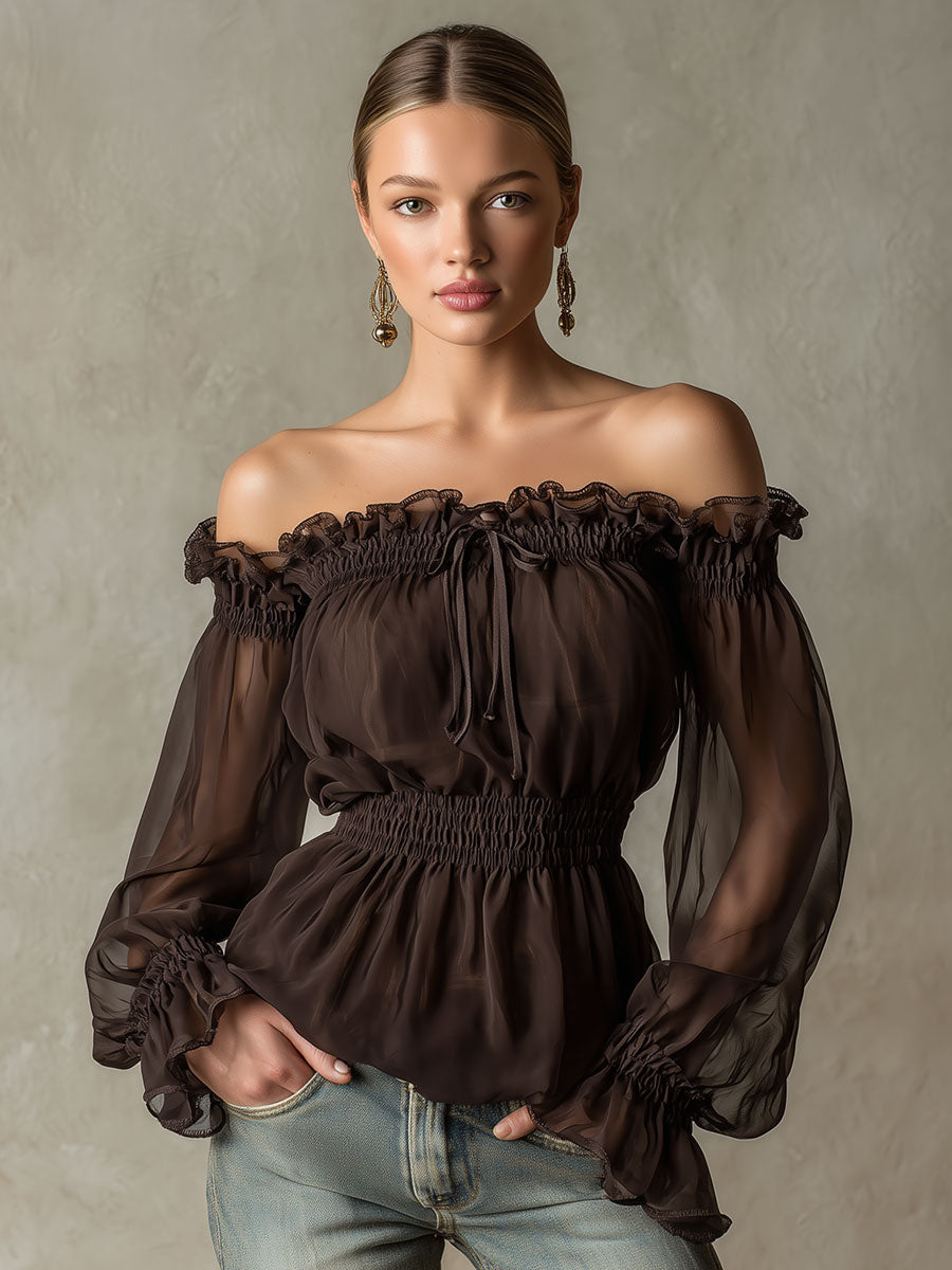 Sigrid - Bluse Western im Retro-Stil aus Chiffon mit Volants und schulterfrei