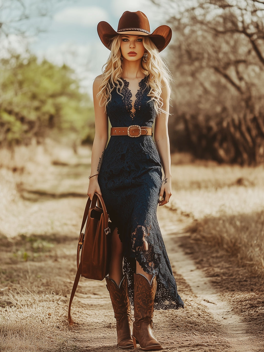 Liselotte - Midikleid Western im Retro-Stil aus Spitze mit V-Ausschnitt und Einsätze aus Spitze ärmellos