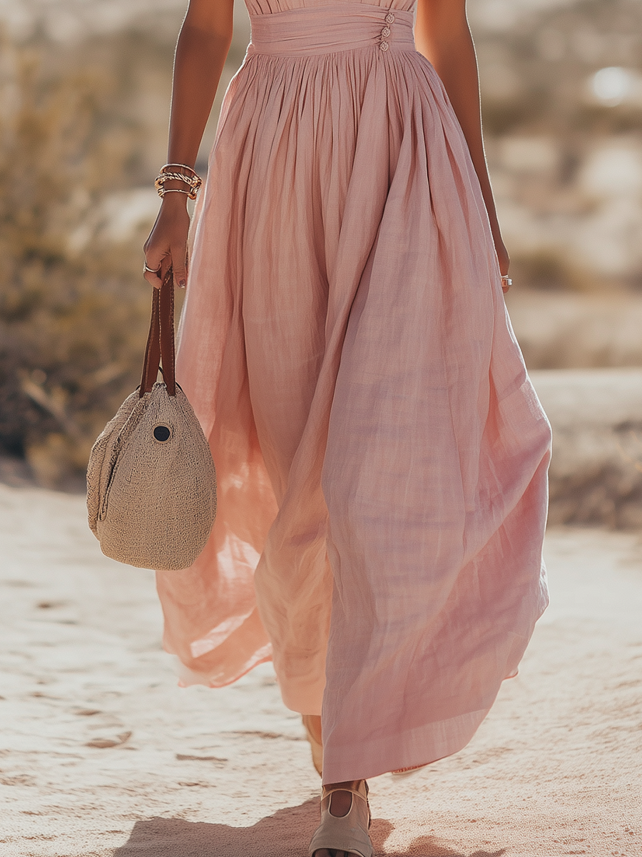 Sonja - Elegantes Maxikleid Western aus Leinen mit V-Ausschnitt und ärmellosem Schnitt