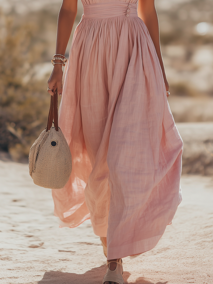 Sonja - Elegantes Maxikleid Western aus Leinen mit V-Ausschnitt und ärmellosem Schnitt