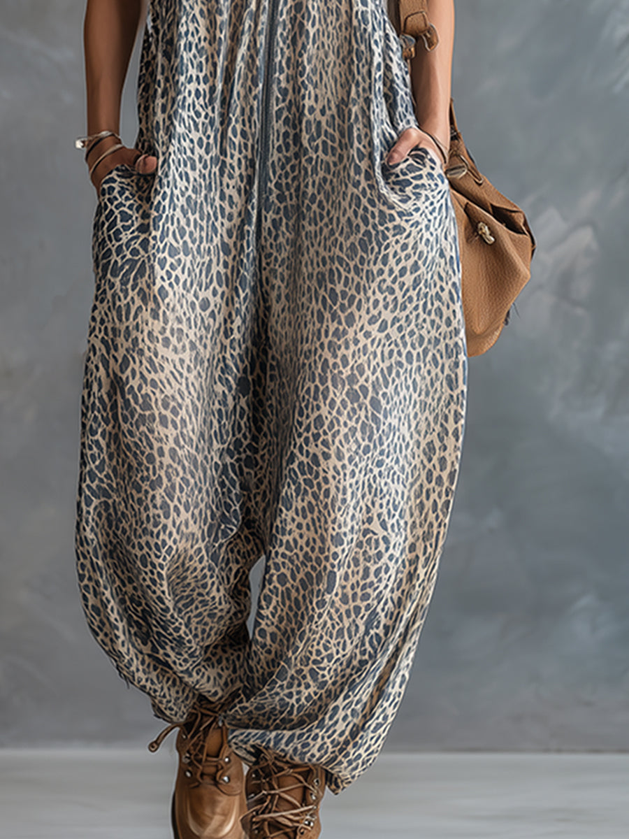 Mila - Overall Western für den Alltag aus Chiffon Leopardenmuster mit Kapuze und ärmellosem Schnitt