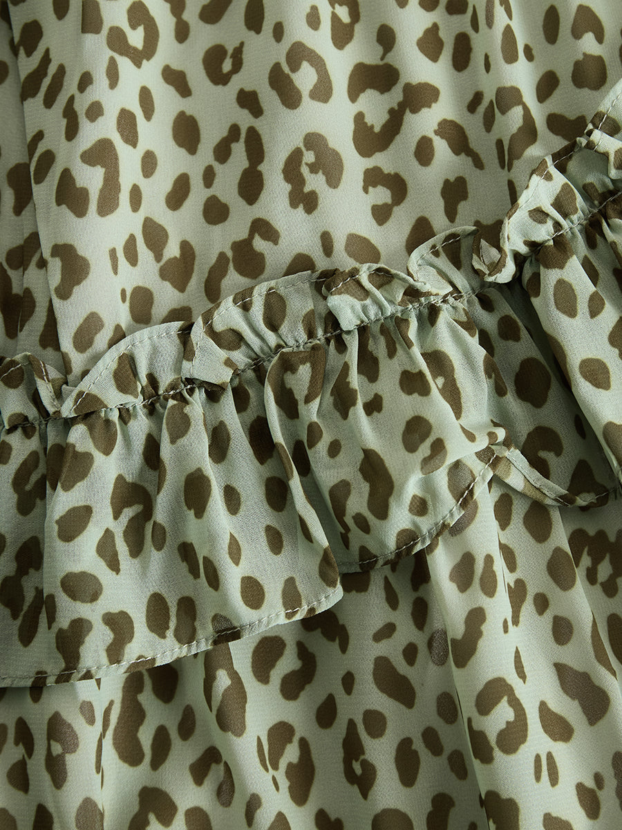 Gesine - Elegantes Midikleid Retro aus Chiffon Leopardenmuster mit Volants und V-Ausschnitt