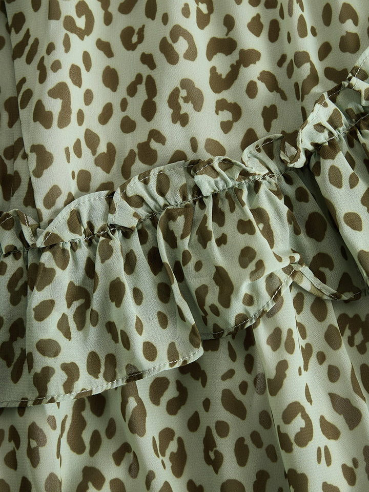Gesine - Elegantes Midikleid Retro aus Chiffon Leopardenmuster mit Volants und V-Ausschnitt