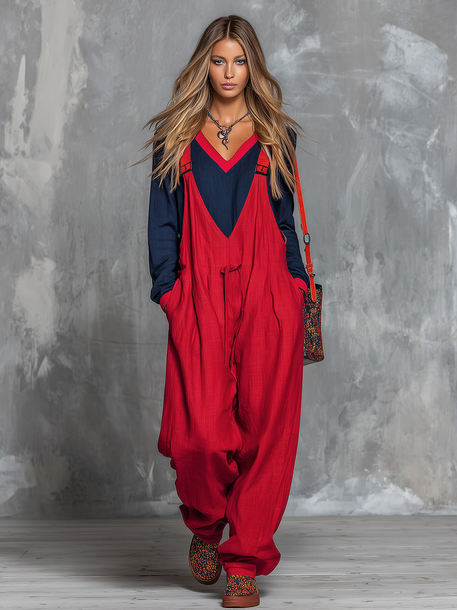 Christina - Hosen-Ensemble Western im Retro-Stil aus Leinen im Farbblock-Design mit V-Ausschnitt