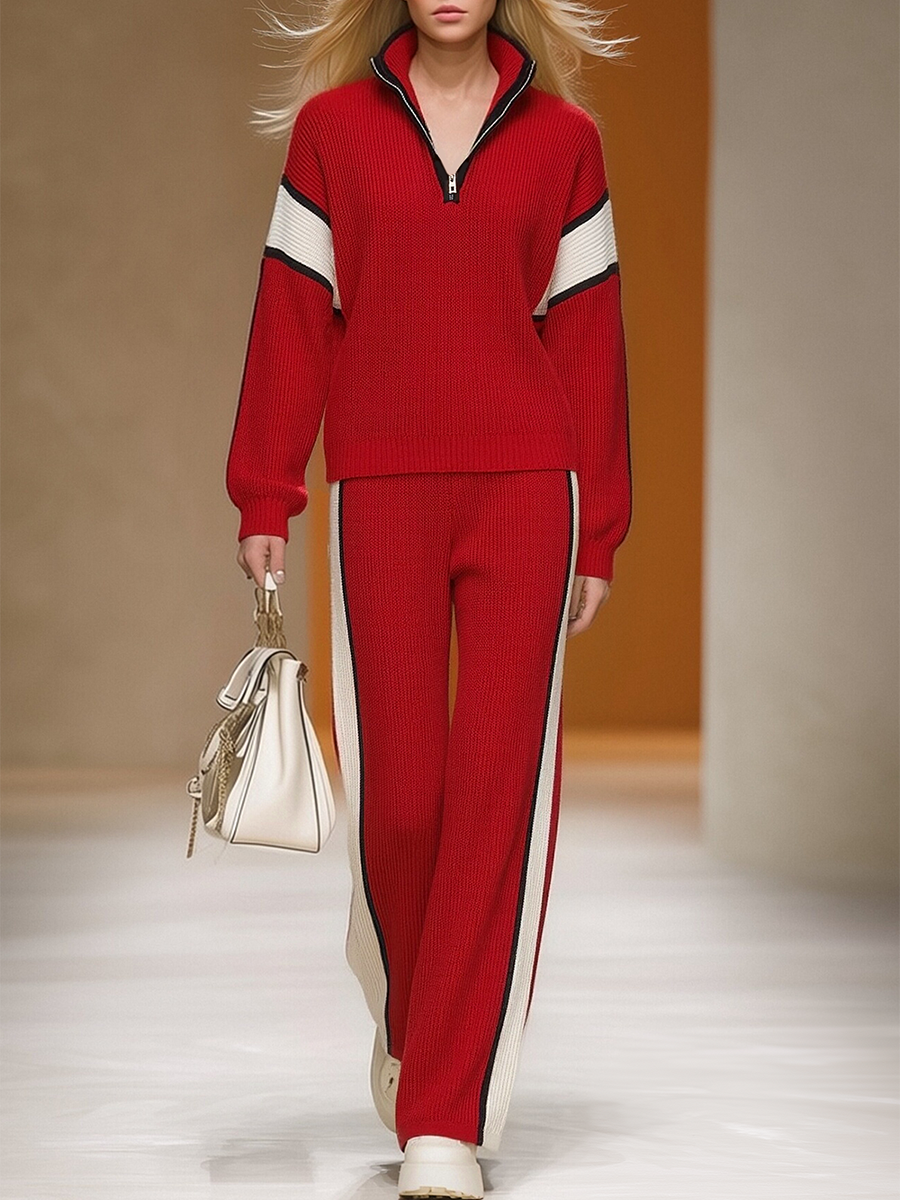 Theresia - Sportliches Hosen-Ensemble im Retro-Stil aus Strick gestreift mit Kragen