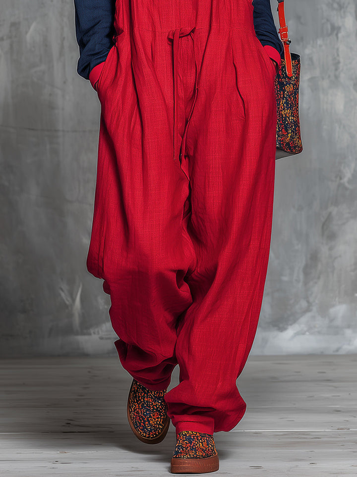 Christina - Hosen-Ensemble Western im Retro-Stil aus Leinen im Farbblock-Design mit V-Ausschnitt