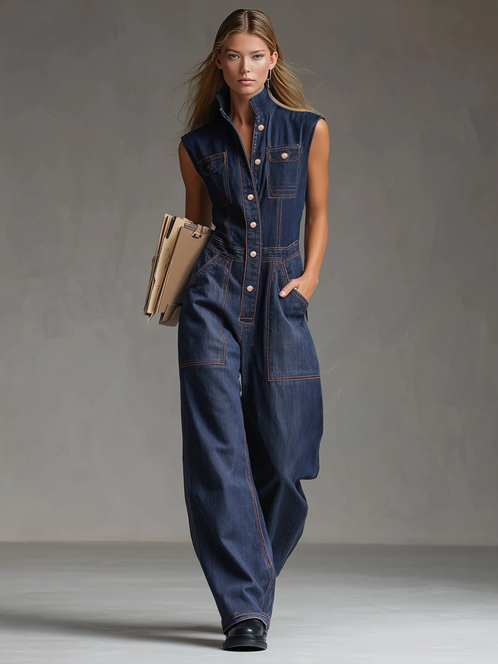 Vroni - Overall lässig Retro aus Jeansstoff mit Kragen und Taschen ärmellos