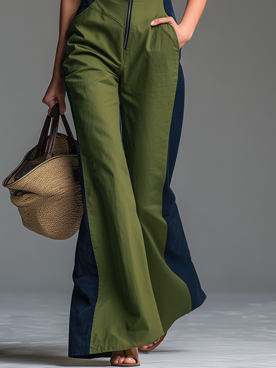 Elke - Overall lässig Retro aus Leinen gestreift mit Reißverschluss und Kragen ärmellos