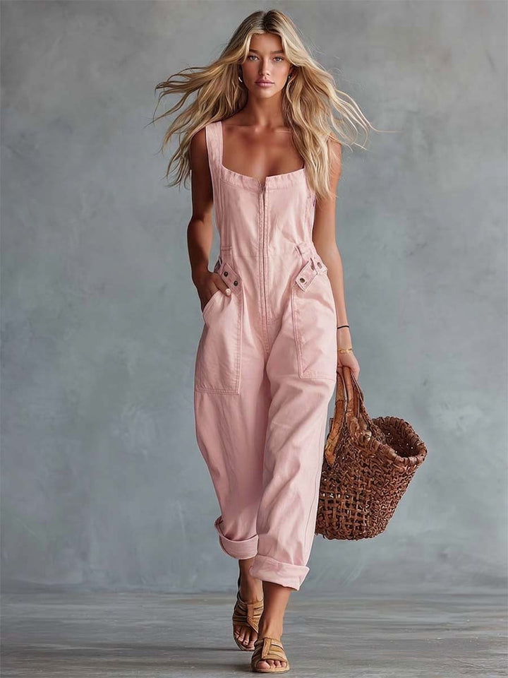 Charlotte - Overall lässig Retro aus Jeansstoff mit Reißverschluss und Kragen ärmellos