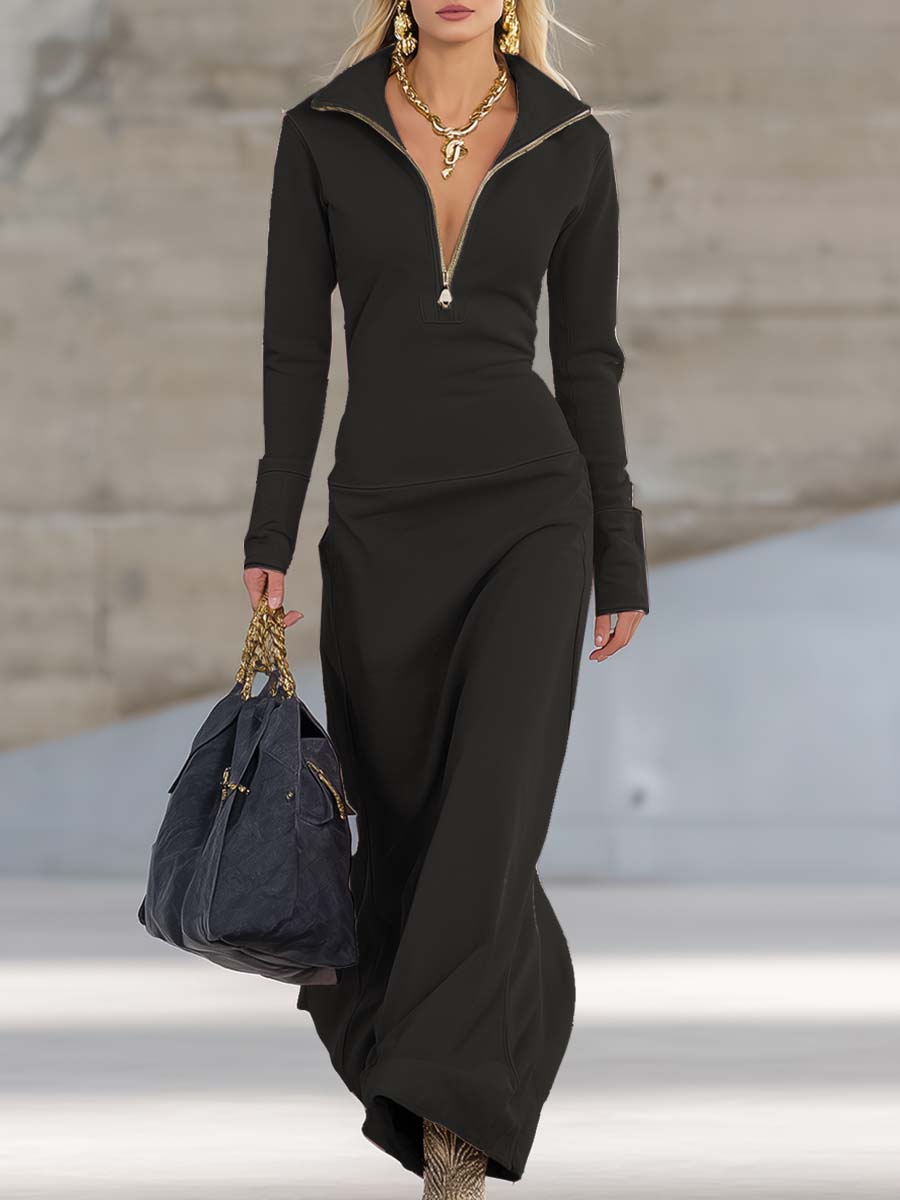 Erika - Elegantes Maxikleid Retro aus technischem Gewebe mit Reißverschluss und V-Ausschnitt