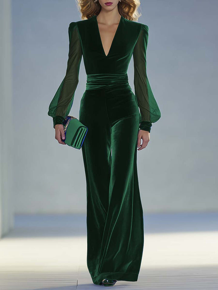 Valentina - Overall elegant im Retro-Stil aus Samt mit V-Ausschnitt und Einsätze durchbrochene Details