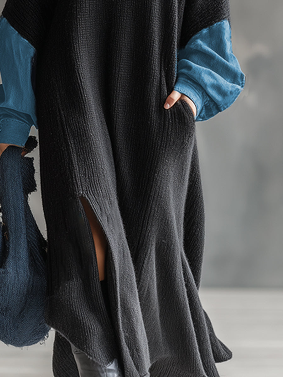 Margot - Maxikleid lässig aus Jeansstoff im Farbblock-Design mit V-Ausschnitt