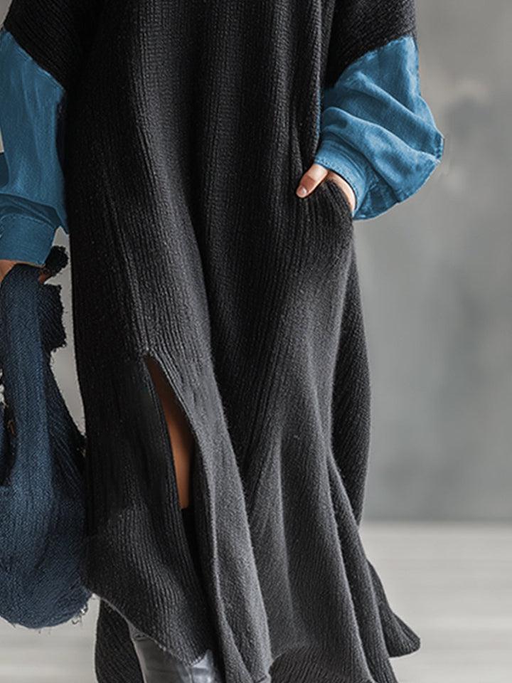 Margot - Maxikleid lässig aus Jeansstoff im Farbblock-Design mit V-Ausschnitt