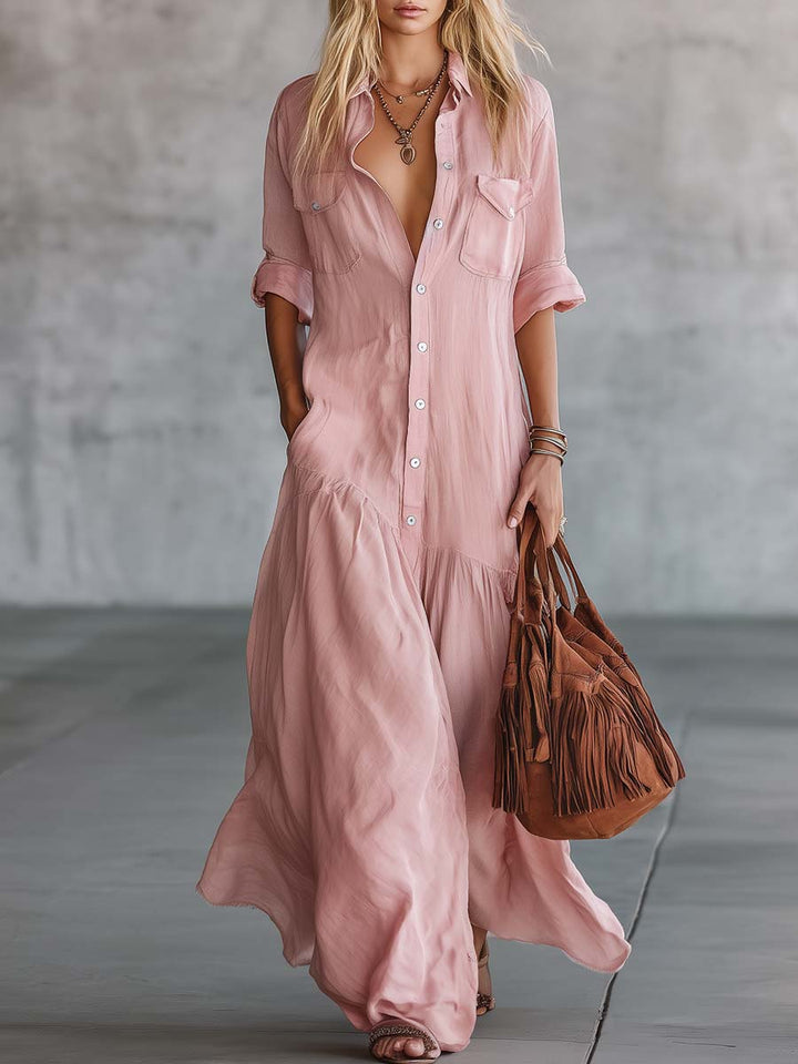 Runa - Maxikleid lässig Retro aus Leinen mit Kragen und V-Ausschnitt