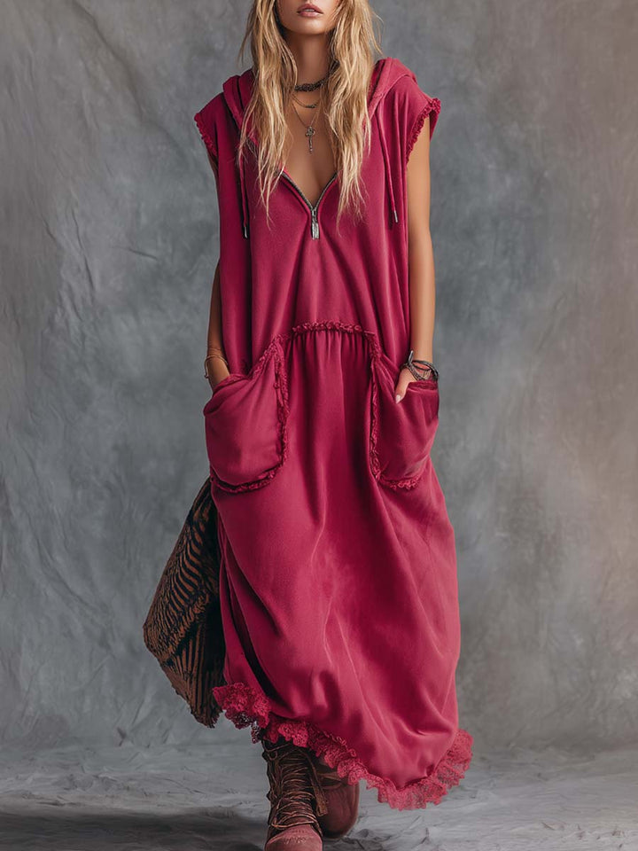 Amelie - Maxikleid lässig Retro aus Leinen mit Reißverschluss und V-Ausschnitt und ärmellosem Schnitt