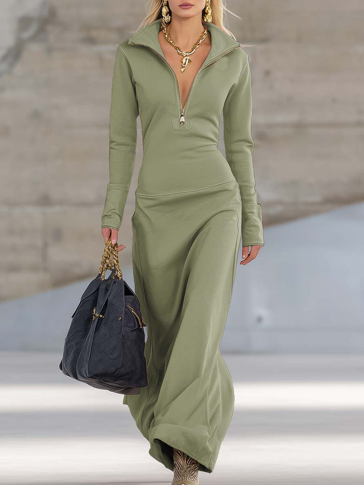 Erika - Elegantes Maxikleid Retro aus technischem Gewebe mit Reißverschluss und V-Ausschnitt