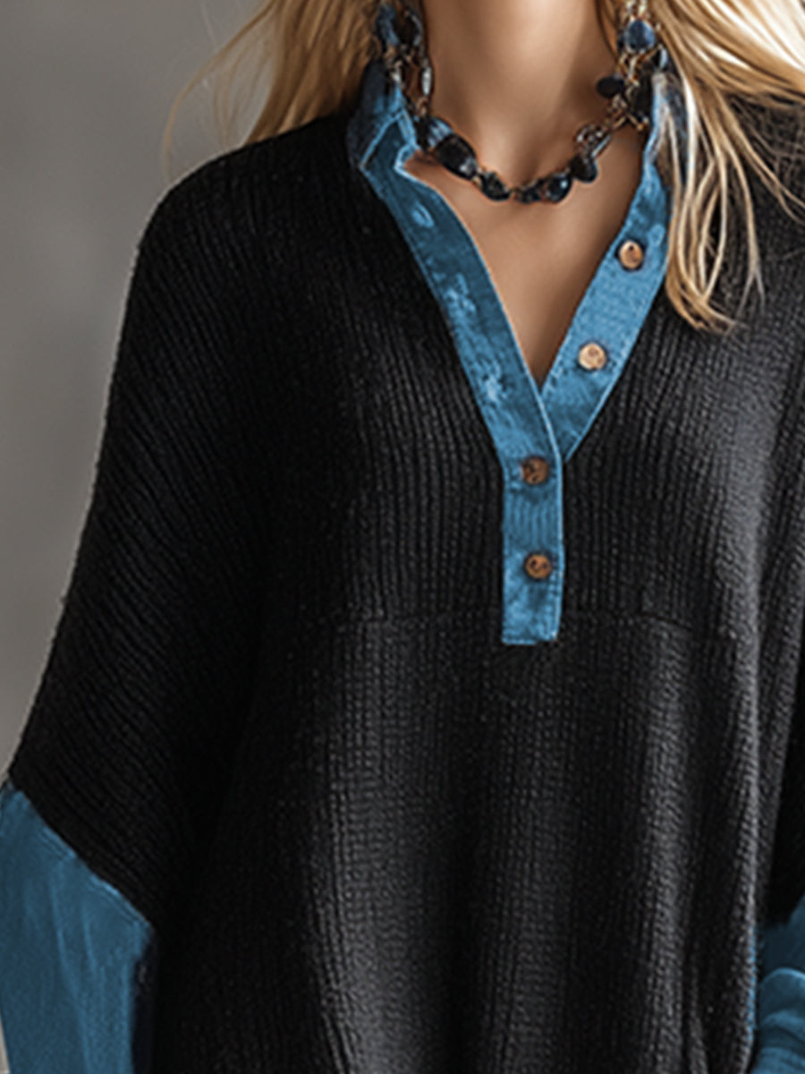 Margot - Maxikleid lässig aus Jeansstoff im Farbblock-Design mit V-Ausschnitt