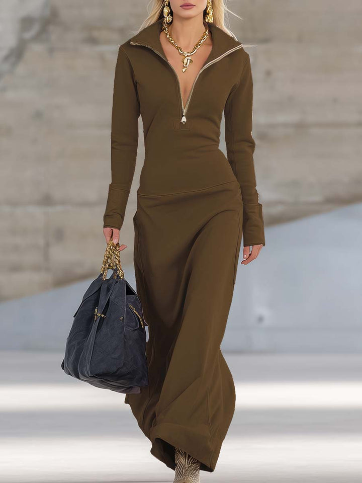 Erika - Elegantes Maxikleid Retro aus technischem Gewebe mit Reißverschluss und V-Ausschnitt