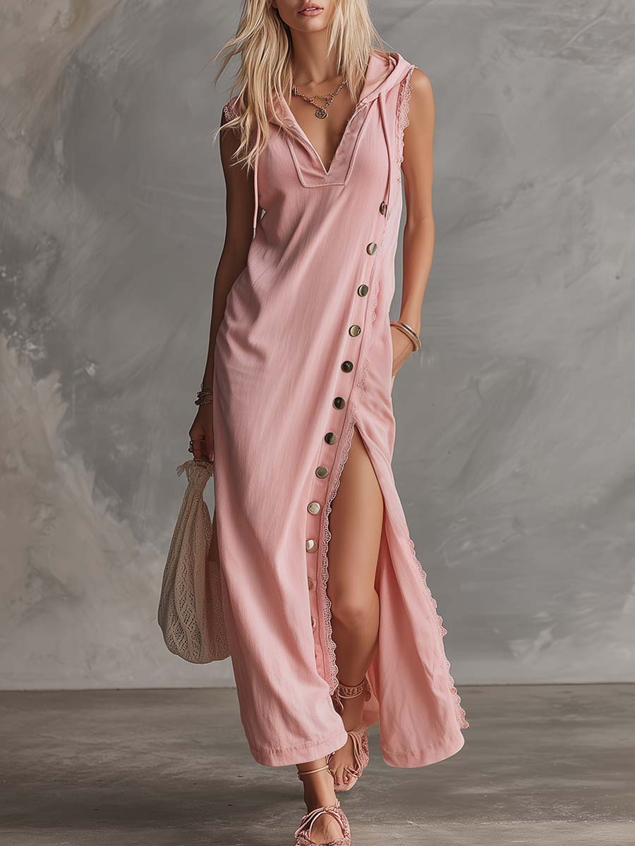 Anneliese - Elegantes Midikleid Retro aus Spitze mit V-Ausschnitt und Kapuze ärmellos
