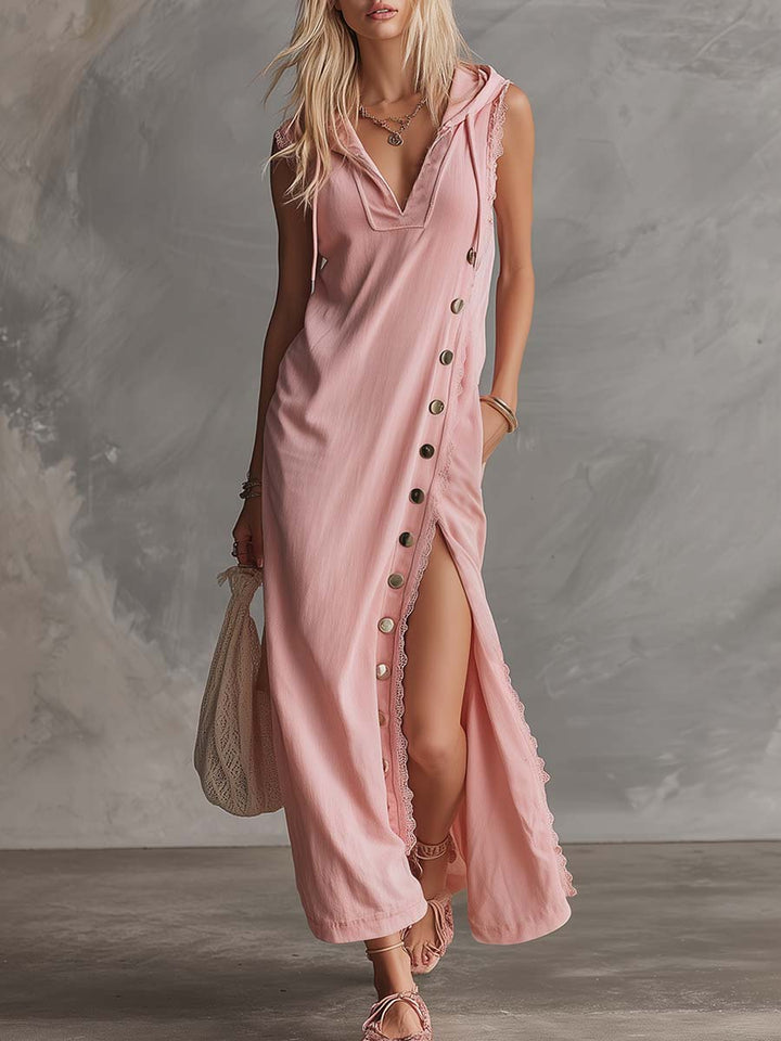 Anneliese - Elegantes Midikleid Retro aus Spitze mit V-Ausschnitt und Kapuze ärmellos