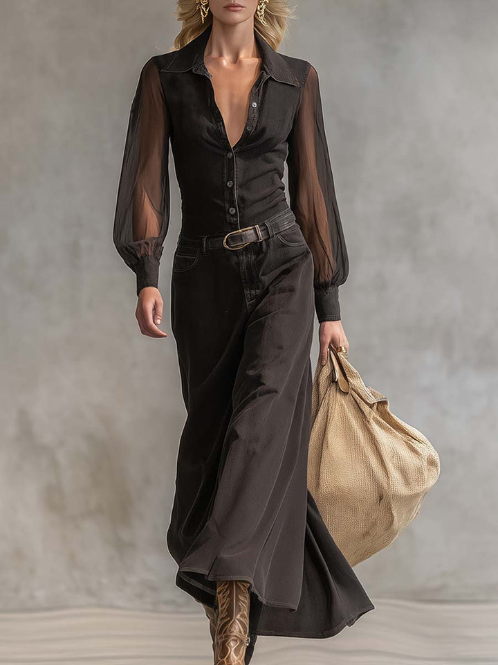 Maura - Maxikleid Western im Retro-Stil aus Jeansstoff mit V-Ausschnitt und Knöpfen