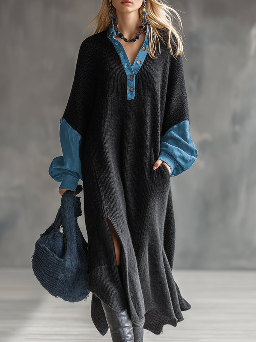 Margot - Maxikleid lässig aus Jeansstoff im Farbblock-Design mit V-Ausschnitt