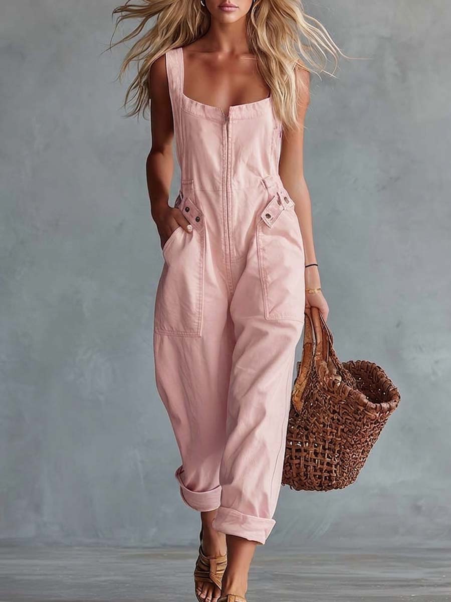 Charlotte - Overall lässig Retro aus Jeansstoff mit Reißverschluss und Kragen ärmellos
