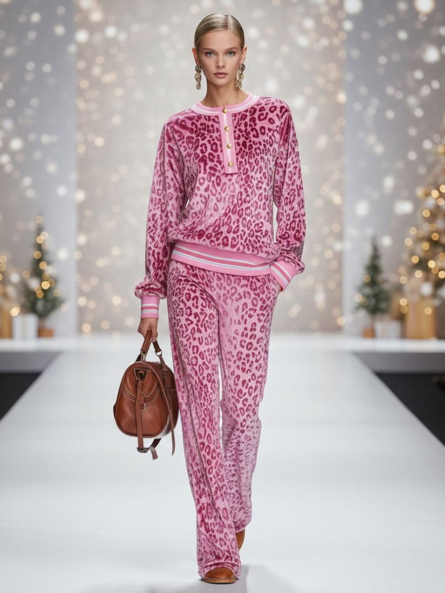 Fenna - Lässiges Hosen-Ensemble Retro aus Samt Leopardenmuster