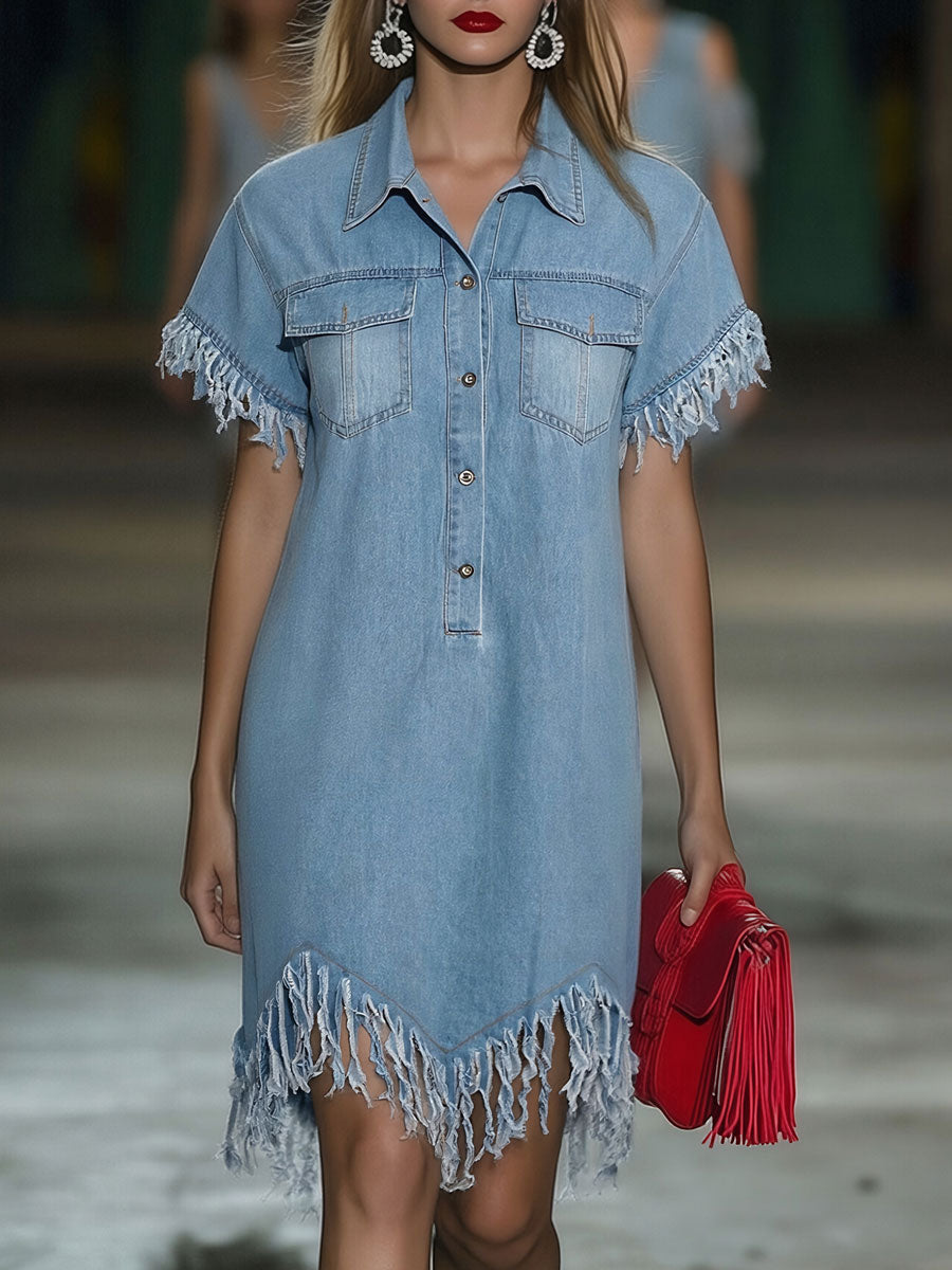 Verena - Minikleid lässig Retro aus Jeansstoff mit Fransen und V-Ausschnitt