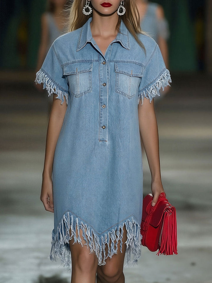 Verena - Minikleid lässig Retro aus Jeansstoff mit Fransen und V-Ausschnitt