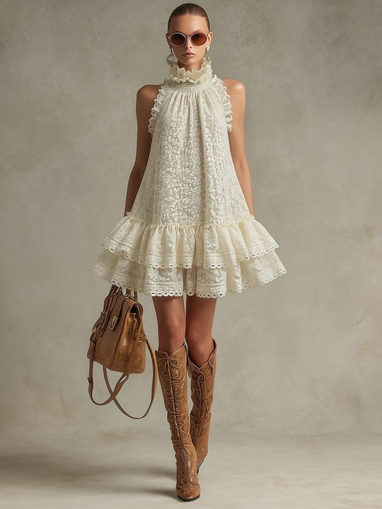 Hilde - Minikleid Western im Retro-Stil aus Spitze mit Volants und Kragen ärmellos